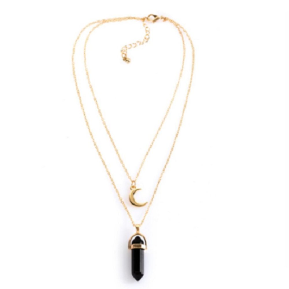 Gold Tone Black Quartz Healing Crystal Necklace